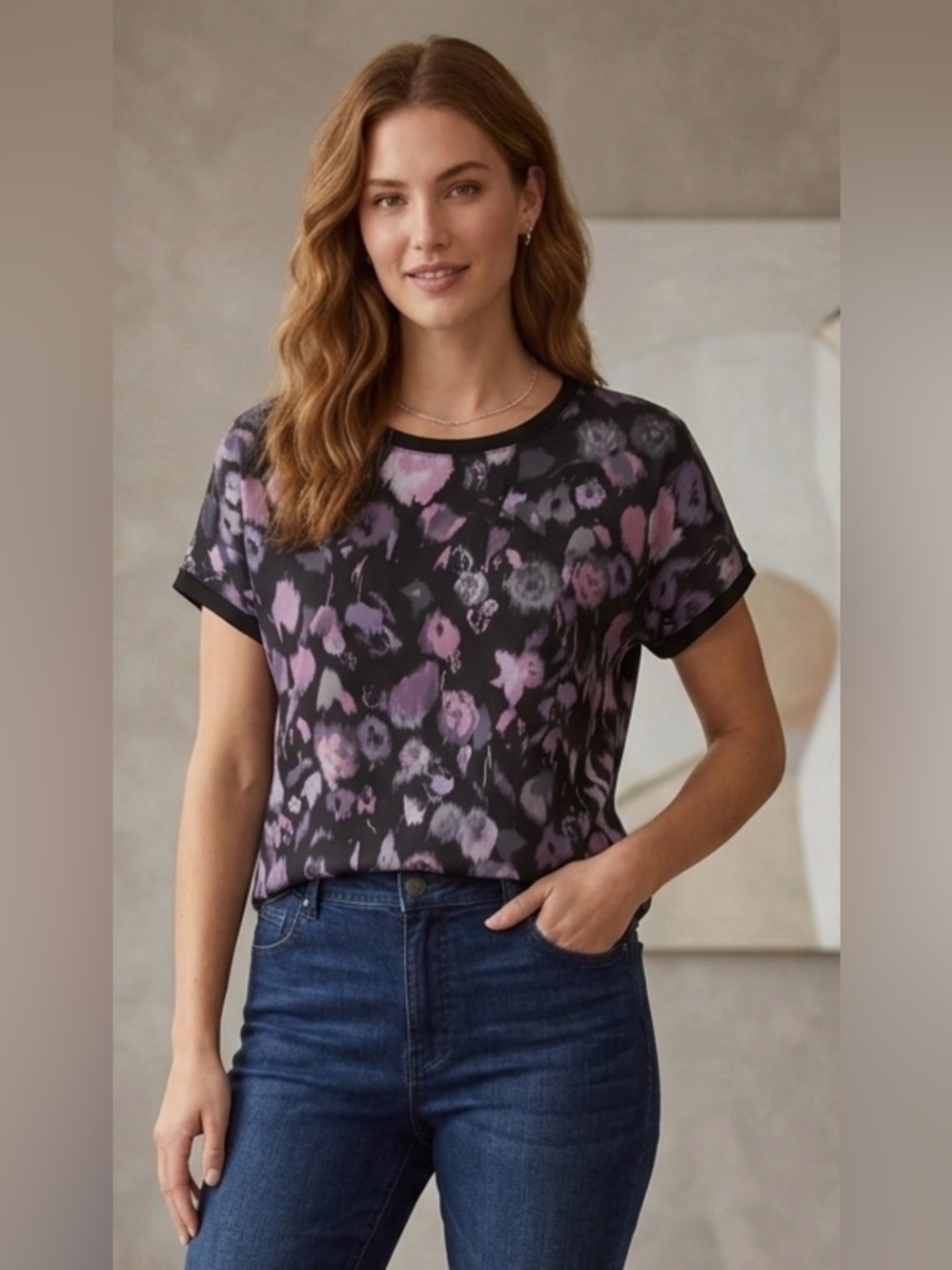 B. Young NWT Floral Black and Purple Women's Top size Medium PTP 20”